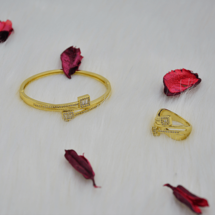 Ensemble Plaqué Or Bague Et Bracelet Croisées