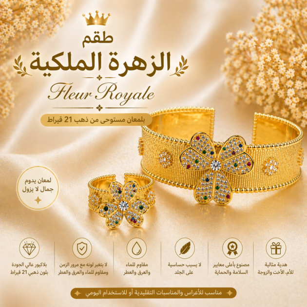 طقم الزهرة الملكية – Fleur Royale بلمعان مستوحى من ذهب 21 قيراط