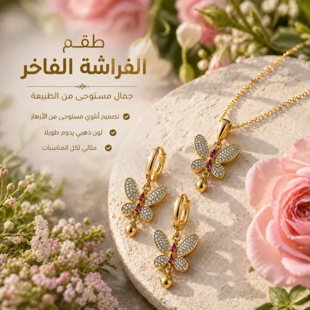 طقم بتصميم فراشة مرصّع بدقة، بريق أنثوي ولمسة ذهبية بلون 21 قيراط تدوم طويلاً